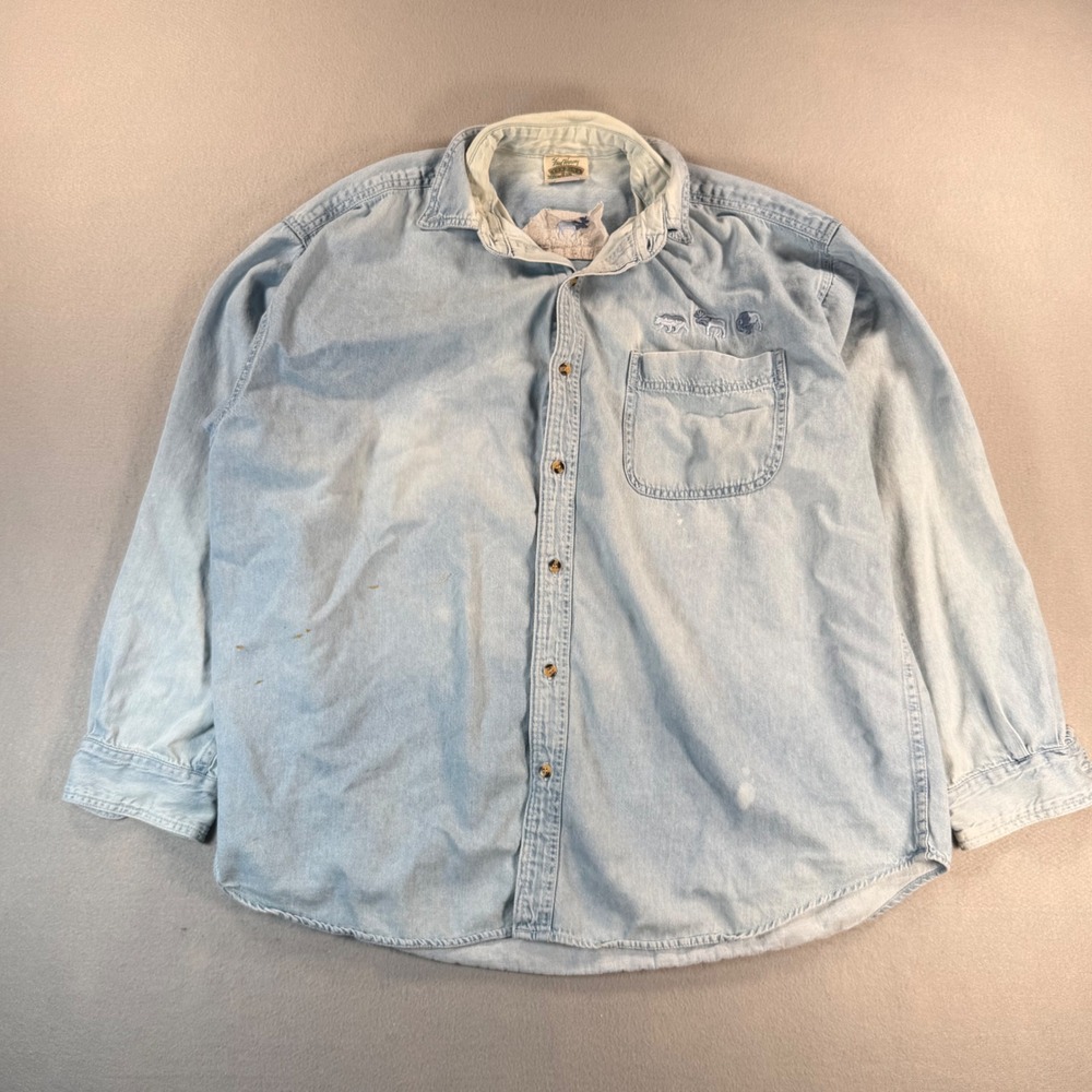 Vintage Fred Harvey Yellowstone Denim Shirt Mens XL Light Wash Embroidered USA